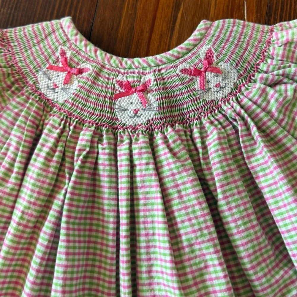 Southern Smocked Company Gingham Baby Easter Dress with Bow Embroidery - Picture 2 of 4